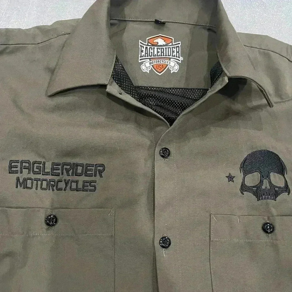 [M]Eaglerider Motocycle Skull Embroidered  Olive Green S/S Button up Men Shirt - Picture 2 of 9